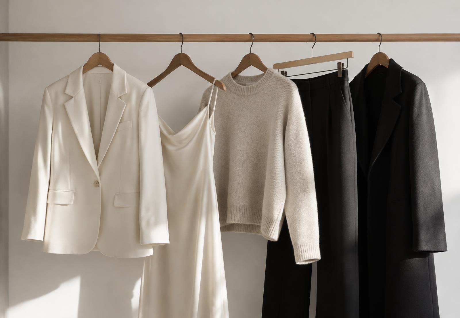 Neutral designer garments hanging on a wooden rail against a white wall
